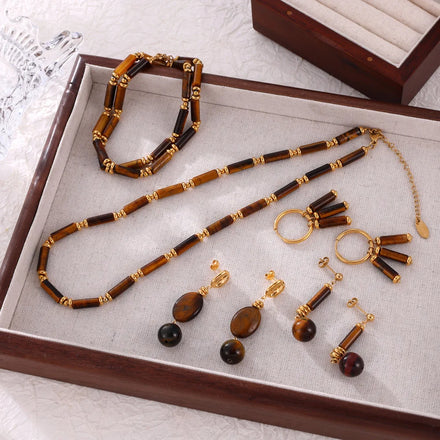 New 3 Piece 18k Gold Plated Tarnish Free Stainless Steel Natural Tiger Eye Stone Jewelry Set Necklace Earrings Set Women