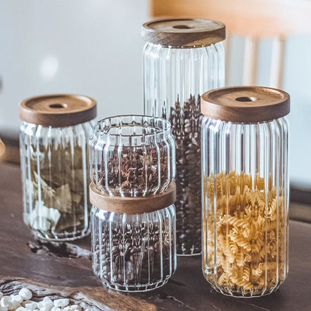 Sealed Jar Striped Wooden Cover High Temperature Resistant Folding Eco-Friendly Glass Storage Bottle for Restaurants Cereal