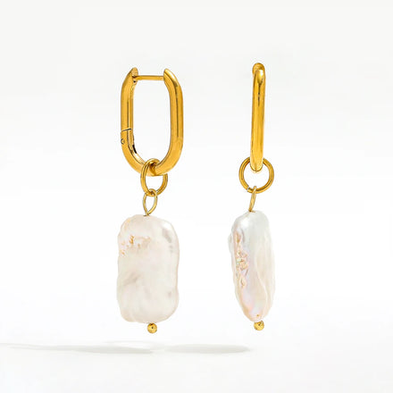 High End PVD 18K Gold Plated Waterproof Irregular Freshwater Pearl Pendant U Huggie Earring Stainless Steel Jewelry Wholesale