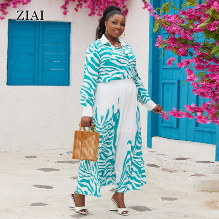 Wholesale Hot Sale Casual Graphic Printed Long Sleeve Pleated Skirt 2 Piece Set for Women Sehe Fashion