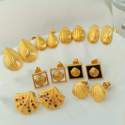 New Luxury Sea Style 18k Gold Plated Shell Shaped Stud Earrings Stainless Steel Zircon Earromgs for Women