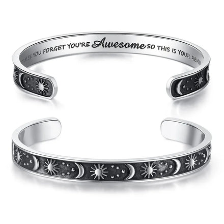 Inspiration Jewelry Gift 6mm Sun Moon Star C Open Bracelet Laser Letched Waterproof Stainless Steel Bracelet Gifts for Women Men