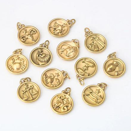 S1216 Non Tarnish 18k Gold Plated Stainless Steel Horoscope Zodiac Symbol Disc Round Charm Pendants