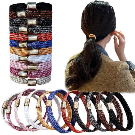 8mm Trendy Wide Glitter Elastic Hair Rubber Bands With Golden Beads Hair Scrunchies Hair Ties Ropes Ponytail Holders for Girls