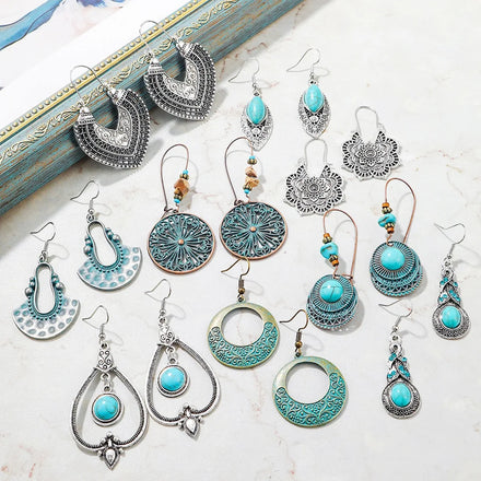 Zooying Ethnic Style Earrings Retro European and American Turquoise Bohemian Earring Set