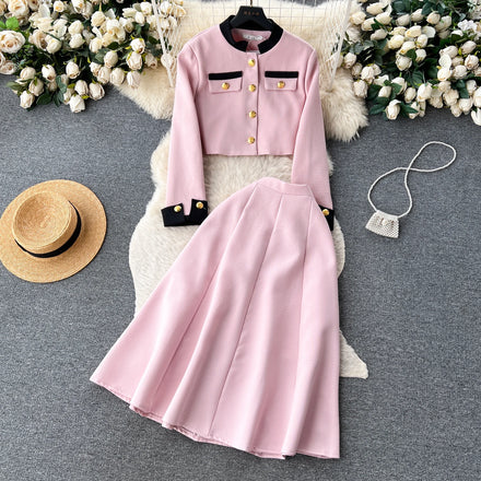 LE2102 Mingyuan Xiaoxiang Style Metal Breasted Round Neck Suit High-Waisted Slimming Skirt Jacket Women'S Two-Piece Set