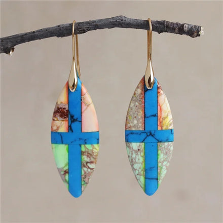 Bohemian Natural Imperial Jasper Stone Marquise Turquoise Cross Drop Earrings Women Gold Vintage Elegant Jewelry Wholesale