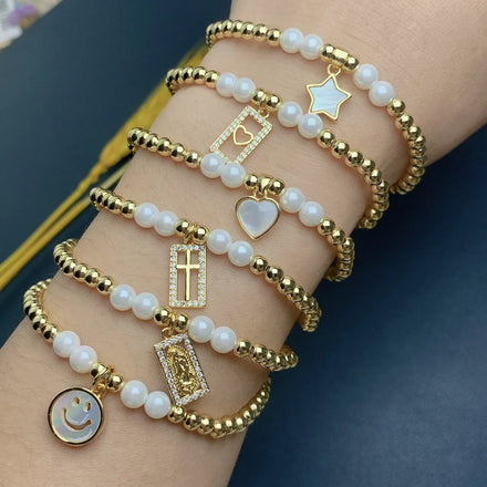 Heart Face Star pearl bead shell 18k gold cross charm bracelet