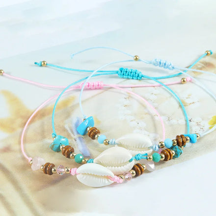 Boho Summer Shell Stone Charms Braided Rope Bracelet Adjustable Woven Friendship Shell Bracelet for Women Jewelry