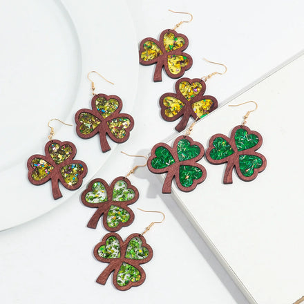 Designer New Irregular Heart Sequin Gold Foil Creative Carnival Wood Clover St Patrick's Day Drop Earrings Jewelry Women