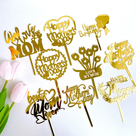 Love Mom Gold Acrylic Letter Shape Cake Toppers 8~12cm for Happy Mother's Day Party Decor