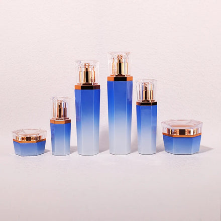 Hexagonal Light Blue Custom Logo 20 30 50 90 110 ml Packaging Skin Care Lotion Toner Face Cream Glass Bottle Set