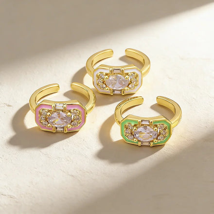 QIKU Luxury Rhinestone 5 Colors Oil Droplet Opening Adjustable Ring Copper Zirconia Jewelry Women Accessories Anniversary Gift