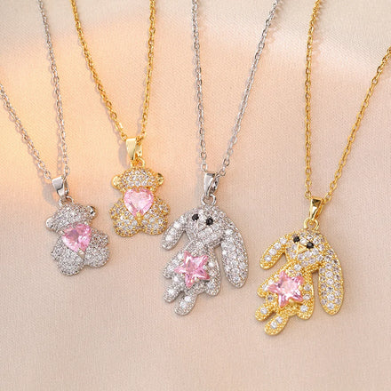 Sweet Dream Rabbit Zircon Bear Micro-inset Zircon Pendant Titanium Steel Necklace