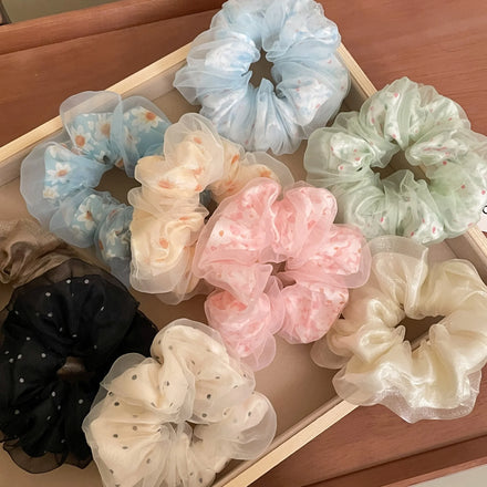 Wholesale Bulk Hair Bands Women Elastic Hair Ties Scrunchies Organza Flower Dot Double Layered Scrunchie for Girls