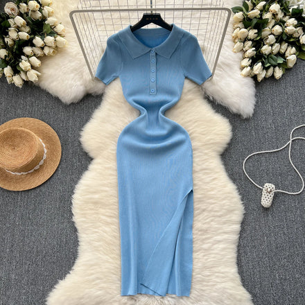 Korean Polo Collar Slit Hip Midi Dress for Women Empire Lace Dress Black