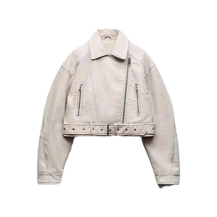 ZATRHMBM Women's 2024Spring Fashion Belt Faux Leather Jacket Vintage Long Sleeve Women Coat Chic Tops