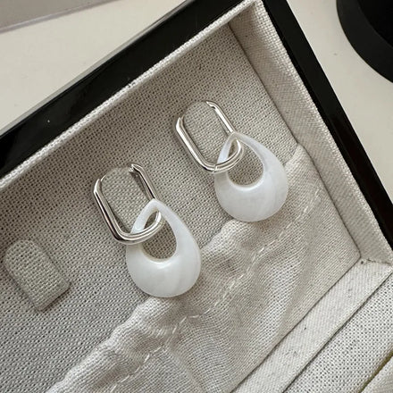 Minimalist Teardrop Charm of Hoop Earring 925 Sterling Silver White Shell Earring