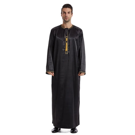 Plain Black White Gray Blue Color O Neck Front Tassel Eid Pray Clothing Arab Robes for Men