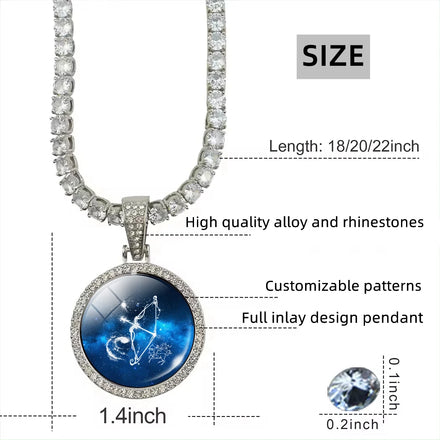 Designer Custom Silver 12 Constellations Necklace Glass Diamond Blue Round Horoscope Pendant Men Women HipHop Zodiac Necklace