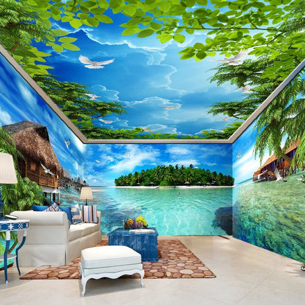 Ocean View Islands Adhesive Wall 3d Ceiling Wallpaper for Living Room