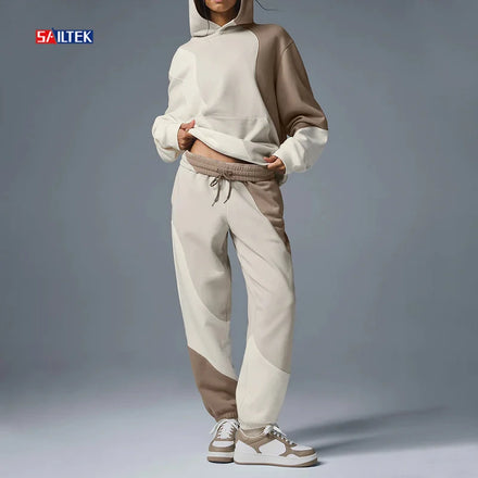 Custom Women's Set Two Piece Hoodies and Sweat Pants Set Casual Style Jogger Jumper Tracksuit Fleece Color Block Sweatsuit