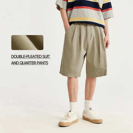 QUICKSHOW Custom Logo Double Pleat Button Fly 100% Cotton Men's Summer Shorts Premium Customizable Summer Mens Shorts