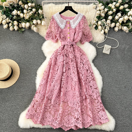 2024 Sweet Peter Pan Collar Casual Midi Dress for Women Empire Contrast Color Lace Vestidos Purple Red Black White