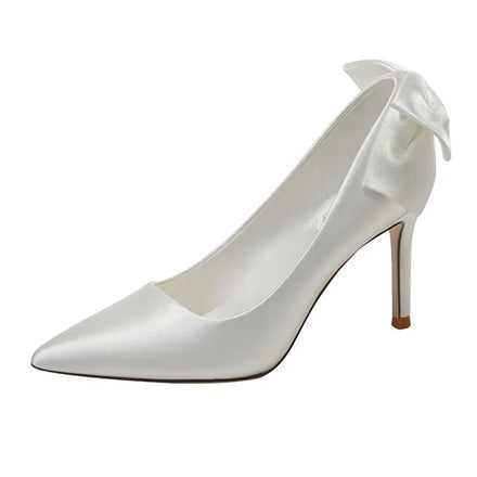7 cm White Silk Pointed Toe Bowknot Ankle Strap Stiletto Sandals Women Summer Wedding Banquet High Heel Shoes