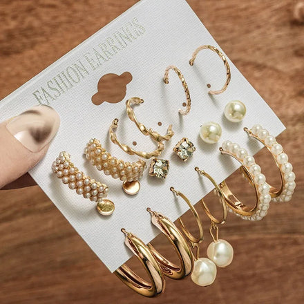 Europe and the United States Cross-border New Inlaid Pearl Earrings for Women Creative French Retro Gold Earrings 6 Sets