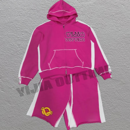 Custom Full Zip up Hoodie and Short Sets Two Piece Acid Stone Washed Sweatsuit Dtg PrintingTracksuits for Men