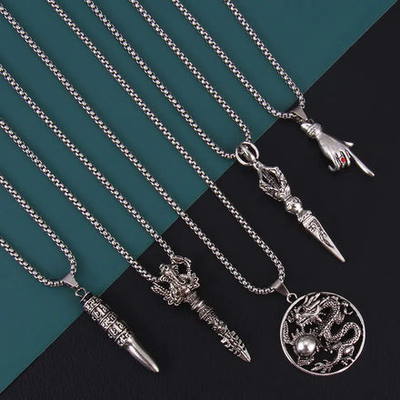 Retro Chinese Style Stainless Steel Necklace Men's Trendy Dragon Finger Bullet Metal Charm Pendant Hanging Chain Necklace