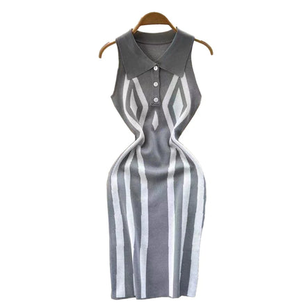 Women Sleeveless Elegance Bodycon Slim Lapel Collar Irregular Striped Knit Casual Playsuits Dress with Button