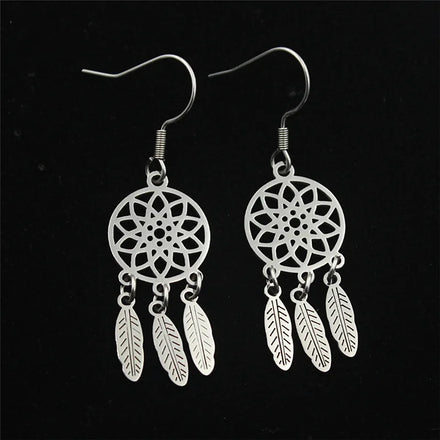 Hot Selling Dreamcatcher Earrings Fashion Stainless Steel Feather Tassel Charm Hollow Lotus Dreamcatcher Dangle Earrings Women