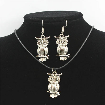 Cheap Sale Hypoallergenic Zinc Alloy Jewelry Sets Fashion Vintage Antique Silver Plated Owl Pendant Necklace Earrings Set Women