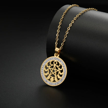 Moon Phase Pentacle Clear Zircon Pendant Necklace Pentagram Wiccan Choker Stainless Steel Jewelry Valentines Day Gift