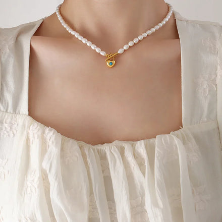 Luxury Vintage Handmade Freshwater Pearl Beads Chain Necklace Stainless Steel Blue Turquoise Heart Pendant Choker
