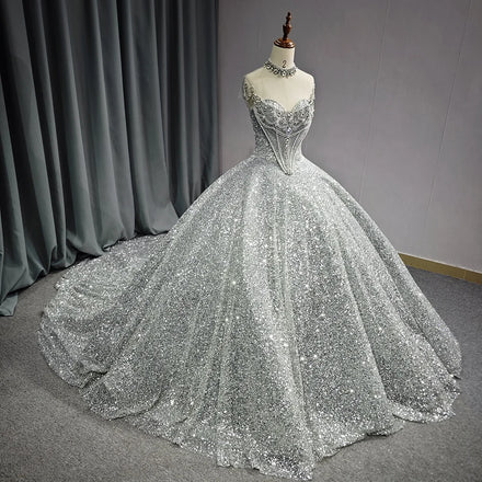 Jancember 6713 Glitter Silver High Neck Sequins Beaded Women's Quinceanera Dresses