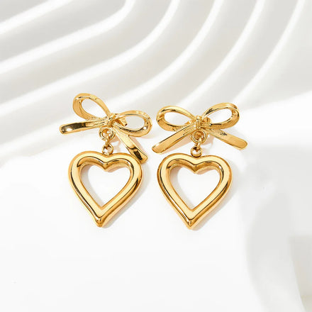 Women's Stainless Steel Heart-Shaped Drop Earrings with Hollow Bow Fashion Jewelry