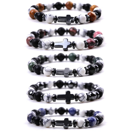 New Designs Ideas 2024 Fashion Gemstone Men Jewelry Hematite Cross Natural Stone Beaded Bracelet Man