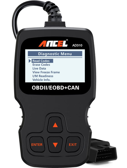ANCEL AD310 Máquina de Diagnosis OBD2, Diagnostico Coche Multimarca apoya español, Escáner, Lector de Código para Automóvil, Sensor de O2, Sistema EVAP, Prueba de Smog, Herramienta de Escaneo