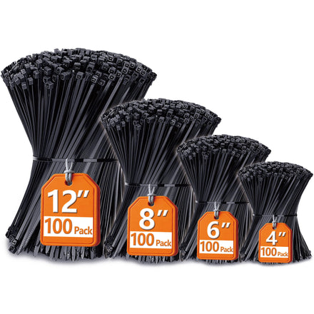 Anoson - Bridas de cierre (4 pulgadas + 6 pulgadas + 8 pulgadas + 12 pulgadas), paquete de 400, bridas negras, bridas de alambre resistentes a los rayos UV