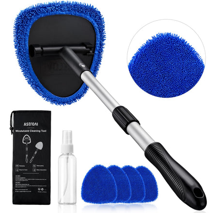 AstroAI Cepillo Lavar Coche, Cepillo de Limpieza Extraíble Telescópico, Kit de Limpiaparabrisas Interior de Cristal, 4 Almohadillas de Microfibra Herramienta de Limpieza de Parabrisasl, Azul
