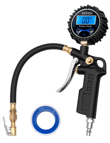 AstroAI - Compresor de aire portátil manual, con manómetro digital con resolución 0.1, hasta 250 PSI, manguera de goma, acoplador de conexión rápida y accesorios, muy resistente