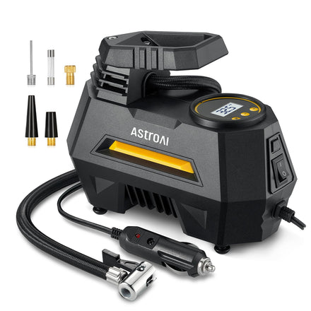 AstroAI Inflador Ruedas Coche 12V Inflado Rápido, Compresor Aire Portátil, Compresor Aire Coche, Hinchador Ruedas Coche con Pantalla LCD, Luz LED, 3 Metros Cable para Coche, Bicicleta, Moto y Etc.
