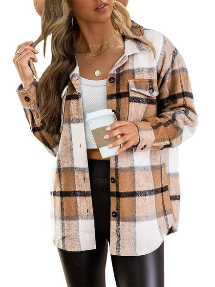 AUTOMET Camisa Informal a Cuadros para Mujer, Mezcla de Lana, con Botones, Manga Larga, Chaqueta de otoño, Albaricoque, M