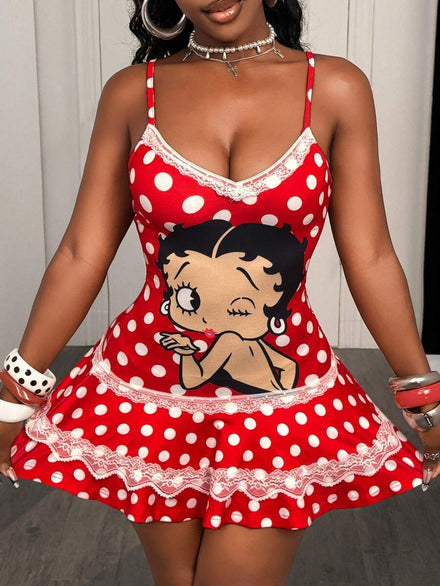 BamGleam Betty Boop x SHEIN Sexy Date Night Lace, Patchwork, Polka Dots and Cartoon Print Dress for Women