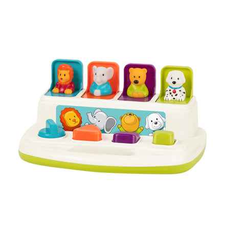 Battat - Pop-Up Pals - Juguete Causa-Efecto - 4 Animales desplegables - Juguete de Desarrollo con Botones y Colores - para niños pequeños, niños y bebés - 18 Meses+