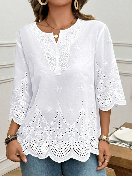 Blusa de encaje con cuello en V y manga 3/4, nueva llegada de primavera/verano en color blanco