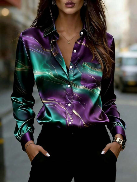 Blusa de manga larga con cuello de camisa, estampado abstracto de satén, para vacaciones de primavera